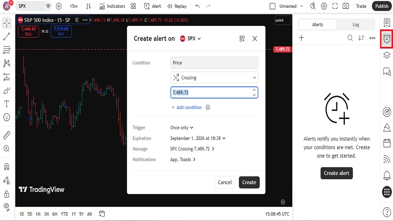 نحوه تنظیم تنبیه و هشدار قیمتی Alert در آموزش Trading View