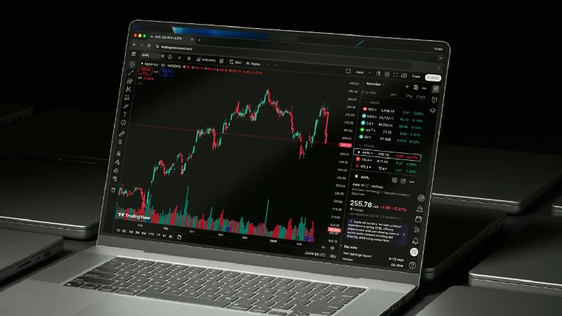 نمای کامل محیط چارت TradingView به همراه پنل واچلیست در لپتاپ