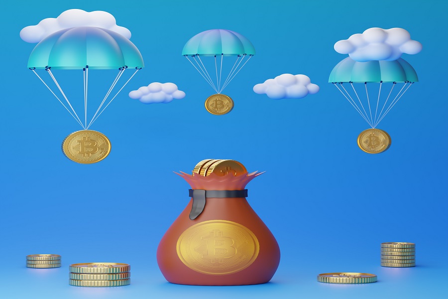 گرافیک سه بعدی توزیع رایگان ارز دیجیتال و ایردراپ با چتر نجات در کیسه پول